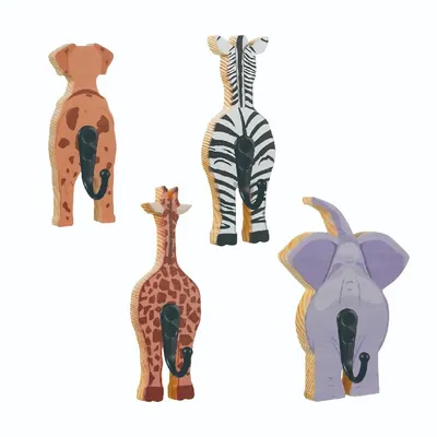 Image de TOJ Living : Lot de 4 crochets muraux pour enfants, thème safari. Armoire à vêtements pour enfants en bois, avec des crochets en forme d'animaux, idéale pour les chambres d'enfants et les nurseries. Fixation sans perçage