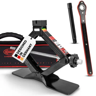 Produktbild von HEYNER® Scherenwagenheber 1,5 t mit Ratsche für Wagenheber inkl. Tasche und Gummiauflage, passend für VW, Seat, Skoda und Audi PKW, & GS
