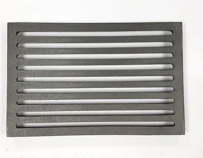 A rectangular cast iron grate with horizontal slats on a white background.