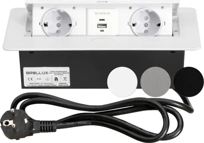 A white retractable power strip with two outlets and two USB ports, along with a power cord and three colored discs, is displayed on a white background.