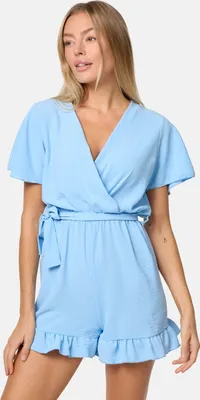 Produktbild von PM SELECTED Sommerlicher Damen Mini Jumpsuit Hosenanzug mit Gürtel, Rüschen und V-Ausschnitt PM28 Blau Einheitsgröße Gr. 34 - 38
