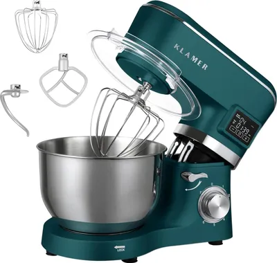 Produktbild von KLAMER Küchenmaschine Classic 1400 W – 5,5 L Rührschüssel aus Edelstahl, Knet-, Rühr- & Schneebesenaufsatz, Timer & LED-Display, stabile Saugnapffüße, ideal für Brot-, Kuchen- & Pizzateig