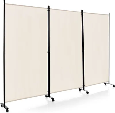 Produktbild von GOPLUS 3-teiliger Faltbarer Raumteiler, 180 cm Sichtschutz mit Metallrahmen und verschleißfestem Stoff, Paravent Trennwand mit Rollen Wohnzimmer & Büro (Weiß)