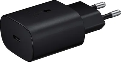 A black Samsung mobile device charger with a USB-C port and European plug prongs.