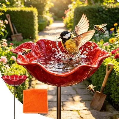 Produktbild von Handgefertigte Metallblume für ein Vogelbad im Garten, 3-in-1-Tränkstelle für Bienen und Futterstelle für Schmetterlinge, dekorativer Metallblumenstab für Außenbereich, Rasen und Terrasse (1 Stück)