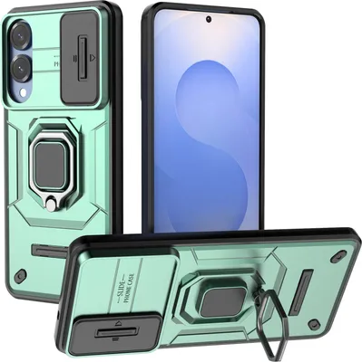 Produktbild von Hülle für Samsung Galaxy S25 Edge Dual Layer Handyhülle Schiebe Kamera Schutz und Ringhalter Ständer Grün
