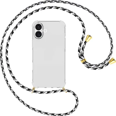 Produktbild von Handykette Backcover-Schutzhülle mit Band (Metall goldfarben) für iPhone 16 Plus - schwarz/grau/weiß