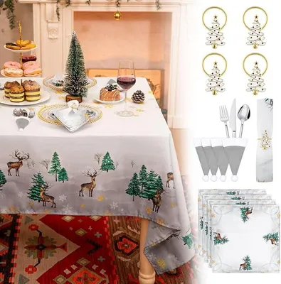 Produktbild von WEIHNACHTSTISCH-SET 13 IN 1 Tischdecke Servietten Eheringe Besteckhüllen