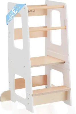 Produktbild von Holz-Lernstuhl 3 Höhenstufen Doppelte Schutzbarriere Anti-Rutsch-Sticker & Falldämpfer Beine - Lernstuhl für 3-Jährige (Weiß)