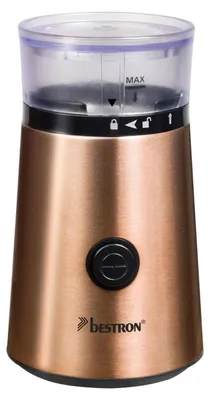 Produktbild von Bestron elektrische Kaffeemühle mit Edelstahl-Schlagmesser, inkl. Sicherheitsverschluss, Füllmenge: 50g, 150 W, Farbe: Kupfer