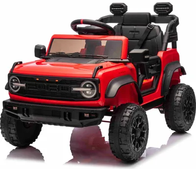 Image de Véhicule électrique pour enfants Ford Bronco avec traction arrière, sous licence (monoplace), rouge, batterie au lithium, garde au sol élevée, siège large, suspension de l'essieu arrière, télécommande 2,4 GHz, lecteur MP3 avec connexion USB, éclairage LED