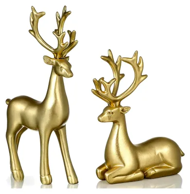 Produktbild von 2 Stück Hirsch Deko, Weihnachtsdeko Rentier Figur aus Harz für Wohnzimmer, Schlafzimmer und Küche, Festliche Elch Statuen als saisonale Heim- und Partydekoration, Gold