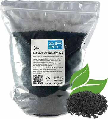 A bag of activated charcoal pellets and a small pile of the pellets.