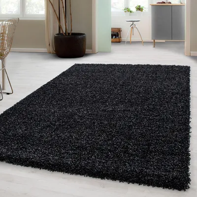 A black shaggy rug is placed on a light-colored floor in a room.
