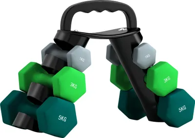 A set of dumbbells with a rack, displayed against a white background.