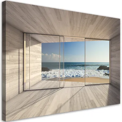 Produktbild von Leinwandbild Blick auf das Meer aus dem Fenster 60x40 Feeby Blau bild für die wand bereit zum aufhängen