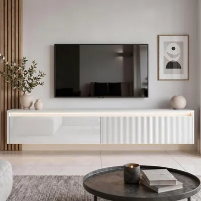 Produktbild von Hängendes TV-Lowboard 170 cm LUMI IV Weiß Hochglanz, Fernsehschrank mit LED-Beleuchtung & Push-to-Open