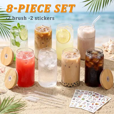Produktbild von Glas - Trinkgläser - 8er-Set - 401–500 ml - Strohhalme - Bambusdeckel - Wiederverwendbar - Für Partys