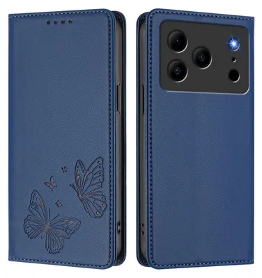 Image de Étui en cuir pour Doogee Note 56 / Note 56 Pro, étui de protection type portefeuille en cuir gaufré « papillon » avec support, bleu foncé