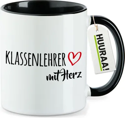 Produktbild von Huuraa Kaffeetasse Klassenlehrer mit Herz 330ml Schwarz Keramik Kaffeebecher Geschenkidee