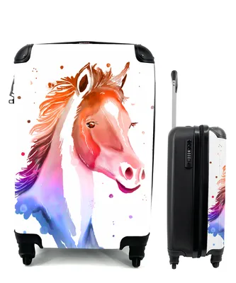 Produktbild von MuchoWow® Koffer Handgepäck Trolley Rollkoffer Kleine Reisekoffer mit 4 Rollen - Pferd - Rot - Rosa - Mädchen - Kinder - Mädchen - Cabin Size < 55x40x23 cm & 55x40x20 cm - Kinderkoffer - Kabinenkoffer - Boardgepäck - Reise-Box - Reisekoffer - Reisegepäck - Koffer mit Bild - Trolley für Kinder