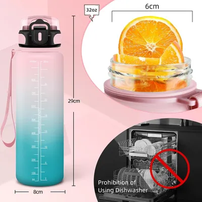 Produktbild von Auslaufsichere Trinkflasche 1L mit Zeitskala und Strohhalm - Ideal für Sport und draußen