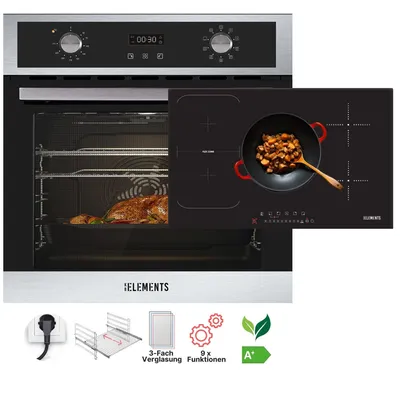 Produktbild von KB ELEMENTS Sparset, Einbauherd Set, Herdset, Induktionskochfeld 5 Kochzonen 77cm 9400 Watt, Einbaubackofen 60cm 70 Liter, EEK A+