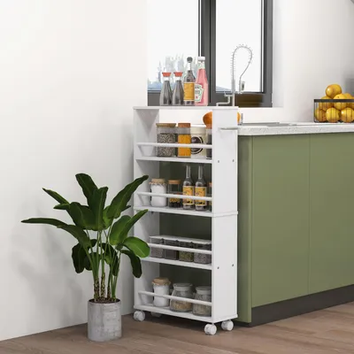 Produktbild von SUGIFT 4 Fächer, Rollwagen schmal mit Rollen, Nischenregal Küche Bad, Beistellwagen, Weiß  |  U-Griff  |  4x 360°-Rollen, 2 Feststell  |  45x15x91 cm