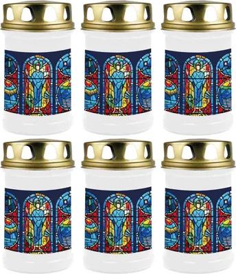 Produktbild von Grabkerze Weiß 6er Pack, Brenndauer: 48 Stunden ( je Kerze ), Motiv: Fenster Blau