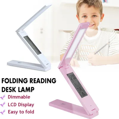 Imagen del producto de Lámpara de escritorio LED portátil, plegable, con control táctil, pantalla LCD regulable y conexión USB – Rosa