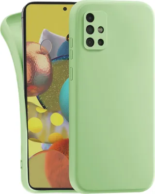 A light green phone case is shown on a white background, partially covering a smartphone.