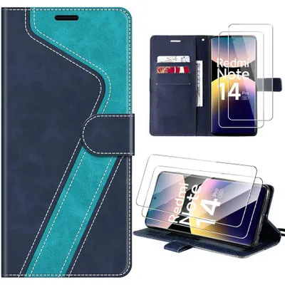 Image de Coque + 2 Verres Trempés pour Xiaomi Redmi Note 14 Pro 5G, Antichoc Anti-Rayures Effet Cuir Bleu