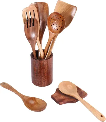 Image de Set d'ustensiles de cuisine en bois - 9 pièces - Teck - De haute qualité