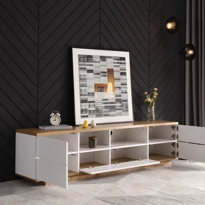 Obrázek produktu pro okwish TV stůl 180 x 38 x 46 cm s 2 otevřenými přihrádkami a 5 dveřmi, TV stojan pro obývací pokoj, Bílý