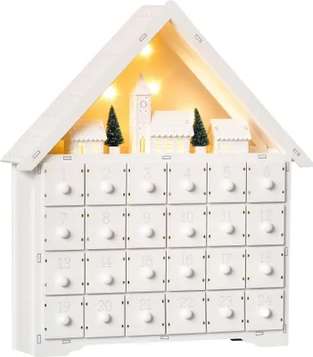 Produktbild von LED-Adventskalender mit 24 Schubladen, Weihnachtsdeko in Weiß & Grün, 39x9x42 cm