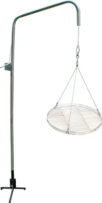 A stainless steel grill gallows with a hanging grill grate, isolated on a white background.