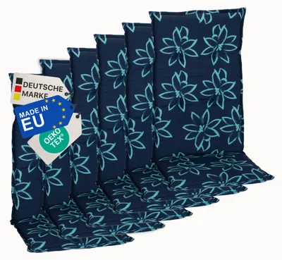 Produktbild von NYVI Gartenstuhl Auflagen Hochlehner 6er Set Barcelona - UV-Beständig, Atmungsaktiv, Strapazierfähig - Hochlehnerauflagen Sitzkissen Outdoor - Sitzauflagen für Gartenstühle 118x50cm Blume Hellblau