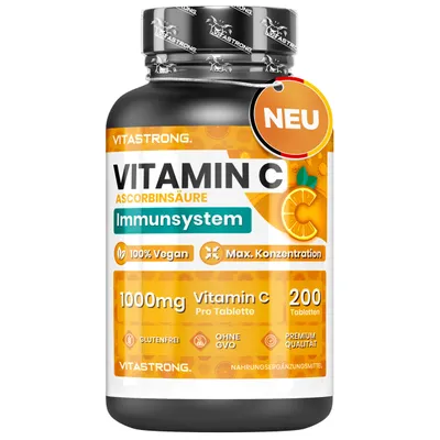 Produktbild von Vitastrong Vitamin C 1000mg Hochdosiert – 200 Tabletten, 100% Vegan, Ascorbinsäure mit Langsame Freisetzung für Immunsystem, Haut, Müdigkeit