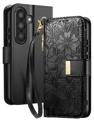 Image de Avizar, étui Galaxy A37 Wallet à motif floral avec compartiment zippé, noir