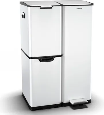 A white, multi-compartment trash can with a pedal.