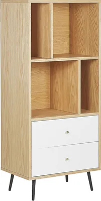 Obrázok produktu pre BELIANI Knižnica svetlé drevo biela MDF 139 x 60 x 40 cm kovové nohy úložný priestor so zásuvkami regál polica na knihy moderný štýl obývačka