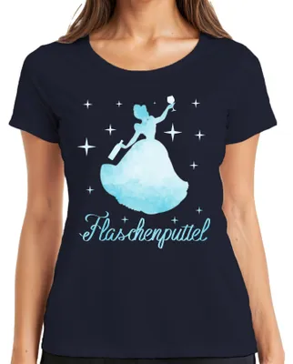 Zdjęcie produktu dla Koszulka damska "Flaschenputzer Wein Prinzessin Party JGA", kolor granatowy, rozmiar XL. Idealna na wieczór z przyjaciółkami, imprezę, wieczór panieński. Nadruk: "Flaschenputzer Wein Prinzessin Party JGA" (co można przetłumaczyć jako "Winiarska królewna, impreza, wieczór panieński")