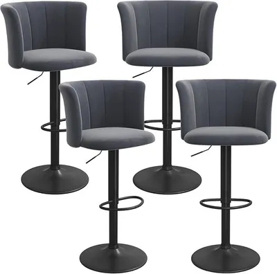 Image de Ensemble de 4 tabourets de bar en velours, pivotants, pour cuisine. Assises rembourrées, réglables en hauteur. Tabourets de bar en velours pour cuisine, bar d'intérieur, couleur gris et noir