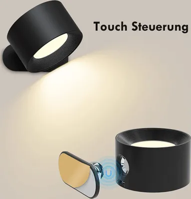A black wall lamp with a beam of light illuminating a wall, and a separate close-up of the lamp with a magnetic attachment.