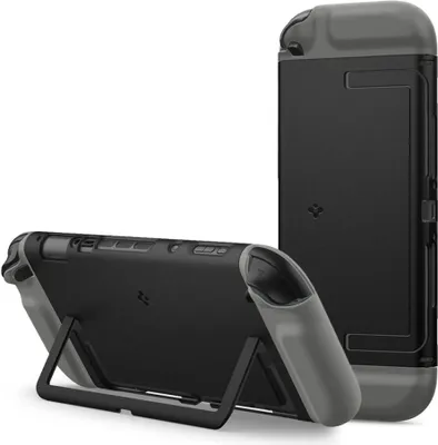 Two Nintendo Switch consoles in protective cases, one standing upright and the other propped up with a kickstand.