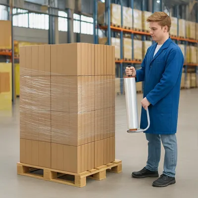 Image de Film d'emballage transparent, épaisseur 23 my, dimensions 500 mm x 300 m, lot de 6 rouleaux, incluant un distributeur manuel. Film d'emballage résistant à la déchirure