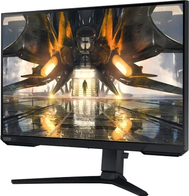 A monitor displaying a futuristic scene with a person standing in front of a large structure.