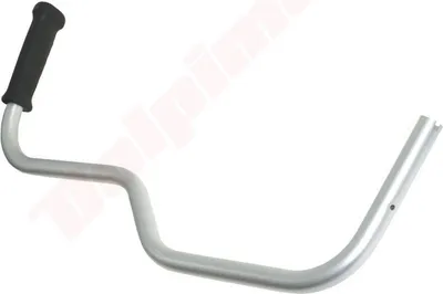 A silver handle with a black grip on a white background.