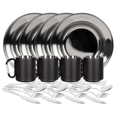 Produktbild von Black Snake® Edelstahl Karabiner Haken Thermo Tasse mit 'lunch' Camping Essbesteck inklusive tiefer Teller - 4 Personen - Set