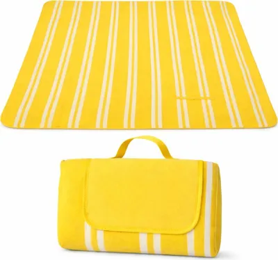 Obrázok produktu pre Pikniková deka 140 x 180 cm – Vodoodpudivá spodná strana – Skladateľná s držadlom na prenášanie – Žlto-biele pruhy – Na pláž a do parku